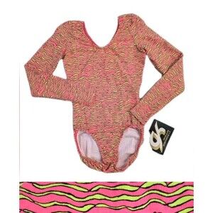 GK Elite VTG 90s Neon Zig Zag Zebra LS Cotton Leotard Bodysuit Pink AXS Adult XS